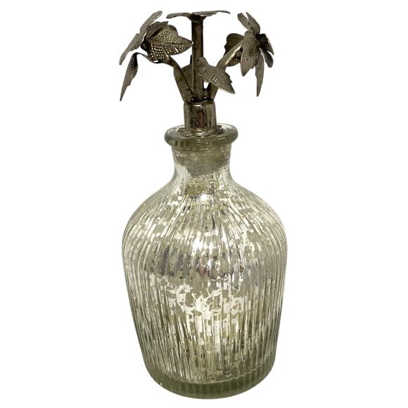 Vintage Mercury Glass Ribbed Bottle with Ornate Floral Silvertone Metal Stopper - Picture 1 of 10